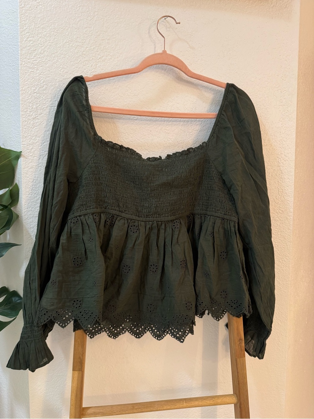 American Eagle Outfitters Olive Smocked Peplum Long-Sleeve Top - Women - Picture 10 of 12